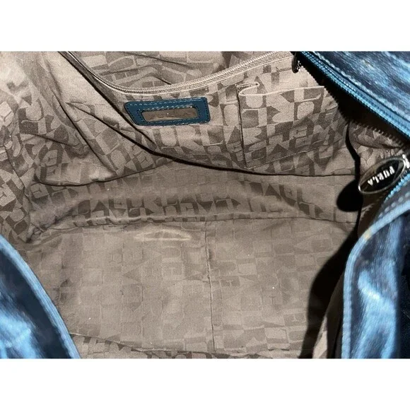 Vintage Furla Large Teal/Petrol Blue Iridescent Leather Shoulder Bag Hobo Tote - Picture 8 of 10